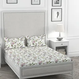 ROSARA HOME White & Pink Floral 200 TC Queen Bedsheet with 2 Pillow Covers image 1