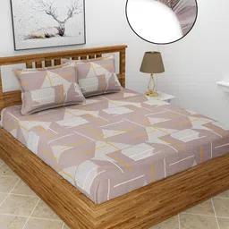 BREVARD Brown & White Geometric Polycotton Fitted 210 TC Queen Bedsheet & 2 Pillow Covers-image-99