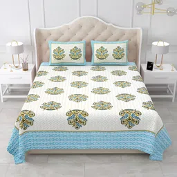 Qfab White & Blue Floral Printed 144 TC Cotton King Bedsheet Set-picture-31