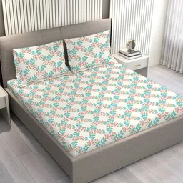 Layers Marigold Beige & Blue Floral Cotton 144 TC Double King Bedsheet Set-2.74 m x 2.74 m-picture-29