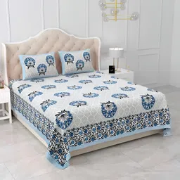 Qfab Blue Floral Printed Cotton 250 TC King Bedsheet With 2 Pillow Covers-image-18