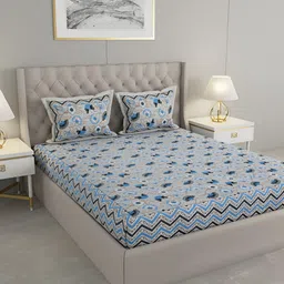 Wayne Martin Blue and Black Floral 330 TC King Bedsheet with 2 Pillow Covers-picture-13