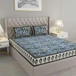 Wayne Martin Blue and Black Floral 330 TC King Bedsheet with 2 Pillow Covers-image-79