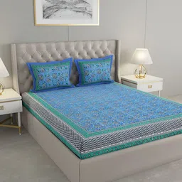 Wayne Martin Blue & Green Floral Cotton 330 TC King Bedsheet With 2 Pillow Covers-image-74