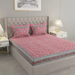 Wayne Martin Pink & Grey Floral Cotton 330 TC King Bedsheet With 2 Pillow Covers-image-26