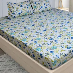 Stylista Off White Printed Cotton 400 TC Fitted King Bedsheet With 2 Pillow Covers-image-74