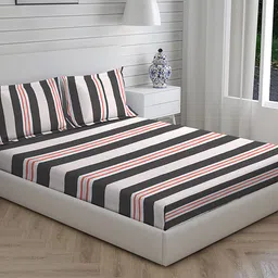 Layers Grey & White Striped 104 TC King Bedsheet with 2 Pillow Covers-picture-16