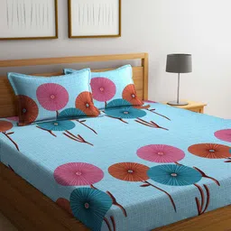 Arrabi Blue & Pink Floral 300 TC Flat King Bedsheet with 2 Pillow Covers-image-96