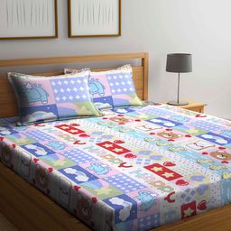 Arrabi White & Blue Graphic 300 TC King Bedsheet with 2 Pillow Covers-picture-13