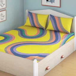 Smartsters Winding Roads Yellow & Purple 180 TC Fitted Cotton Queen Bedsheet-picture-23
