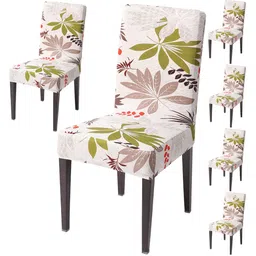 HOKIPO Off White & Green 6 Pieces Printed Stretchable Chair Covers image 1