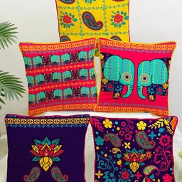 STITCHNEST Yellow & Blue Set of 5 Ethnic Motifs Velvet Square Cushion Covers image 1