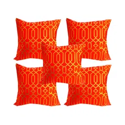 Pink Parrot Red & Gold Toned 5 Pieces Geometric Zari Square Cushion Covers image 1