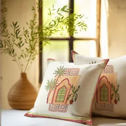 Baarno Peach-Coloured & Off White Set of 2 Floral Square Cushion Covers image 1