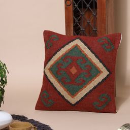SANSKRUTIHOMES Red & Beige Ethnic Motifs Jute Cotton Square Cushion Covers-picture-30