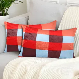 Tesmare Blue & Red 2 Pieces Checked Velvet Rectangle Cushion Covers-image-4