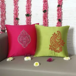 ZEBA Green & Red 2 Pieces Embroidered Square Cushion Covers-picture-12