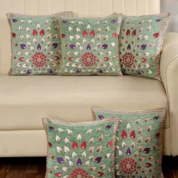 MULTITEX Green & Purple 5 Pieces Floral Cotton Square Cushion Covers-picture-15