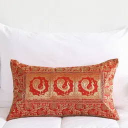 HANDICRAFT PALACE Red & Gold-Toned Ethnic Motifs Brocade Silk Rectangle Cushion Cover image 1