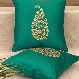 RoyalDeco Teal & Gold Toned 2 Pieces Ethnic Motifs Silk Cushion Covers-image-55