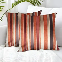 Tesmare Beige & Brown 2 Pieces Striped Velvet Square Cushion Covers-picture-34