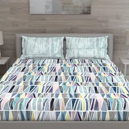 GM Green & White Geometric 150 TC Queen Bedsheet with 2 Pillow Covers image 4