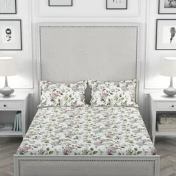 ROSARA HOME White & Pink Floral 200 TC Queen Bedsheet with 2 Pillow Covers image 2