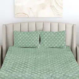 FABINALIV Green Geometric 300 TC Woollen King Size Fitted Bedsheet & 2 Pillow Covers image 2