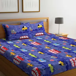 Arrabi Grey & Blue Printed 300 TC 2 King Bedsheet with 4 Pillow Covers image 4