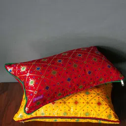 RoyalDeco Yellow & Red 2 Pieces Geometric Brocade Rectangle Cushion Covers image 2