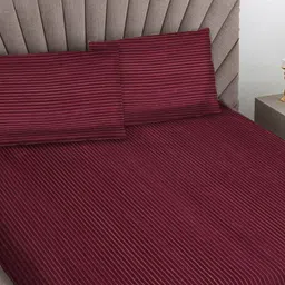 FABINALIV Maroon Striped Woollen 300 TC King Bedsheet with 2 Pillow Covers image 2
