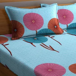 Arrabi Blue & Pink Geometric 300 TC King Bedsheet with 2 Pillow Covers image 4