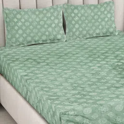 FABINALIV Green Geometric 300 TC Woollen King Size Fitted Bedsheet & 2 Pillow Covers image 4