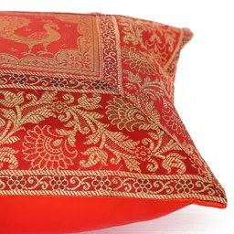 HANDICRAFT PALACE Red & Gold-Toned Ethnic Motifs Brocade Silk Rectangle Cushion Cover image 3