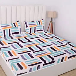 RD TREND White & Blue Geometric Cotton 210 TC Fitted King Bedsheet With 2 Pillow Covers image 2