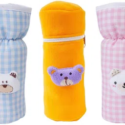 da anushi Soft Cotton Stretchable Baby Feeding Bottle Cover With Easy To Hold Strap For Newborn/Toddler Babies- Cute Attractive Teddy Cartoon With Over All Check Print | Medium (130-250 ML)-Pack of 3-picture-16