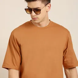 DILLINGER Men Brown Solid Pure Cotton Drop-Shoulder Sleeves Oversized Fit T-shirt image 1