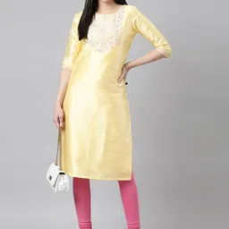 Samhitas Round Neck Geometric Yoke Design Mirror Work Raw Silk Kurta-picture-12