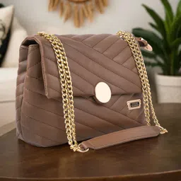 Brown Women Sling Bag Women's Girls Quilted Cross Body Sling Bag with Gold Chain-image-4