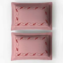 platina india Pink Stripped Pattern With Floral Embroidery 500 Tc Cotton King Sized Double Bedsheet With 2 Pillow Covers image 3