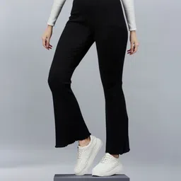Women Flared Black Cotton Blend Trousers-image-14