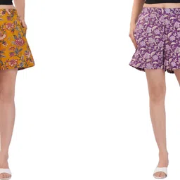 aanvikurti Pack of 2 Printed Women Purple, Yellow Regular Shorts-picture-10