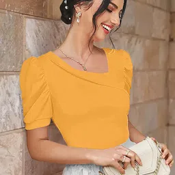 dream beauty fashion Casual Puff Sleeves Solid Women Yellow Top image 3