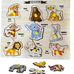 highseas Montessori Wooden Animal Pegged Puzzle for Kids Animals Name Matching Board-picture-11