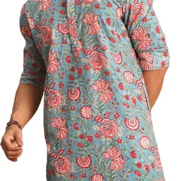 shvaas by vastramay Men Floral Print, Printed Pure Cotton Straight Kurta-picture-11