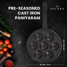 solara Premium Cast Iron Paniyaram Pan 7 Cavities, Appam Patra with Handle Chetty Pan 20.5 cm diameter 0.3 L capacity image 4