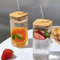 regalo 410 ml Glass Tumbler with Wooden Airtight Bamboo Lid and Straw image 1