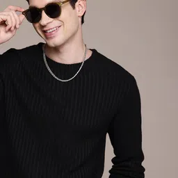 Men Self Design Round Neck Black Sweater-image-52