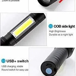 seaspirit USB Rechargeable XPE+COB LED Zoomable Flashlight Torch Lamp Linternas Built in Battery With USB Cable Gift Box Torch Emergency Light55 4 hrs Torch Emergency Light image 2