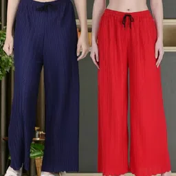 first arrival Pack of 2 Women Regular Fit Blue, Red Viscose Rayon Trousers-picture-10